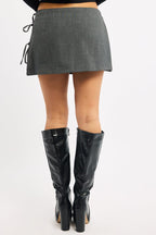 Grey Pleated Skort Skirt High Waisted Mini Bow Detail