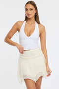 White Mini Skort Skirt Elasticated Waist Scarf Hem Lace