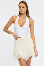 White Mini Skort Skirt Elasticated Waist Scarf Hem Lace