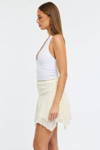 White Mini Skort Skirt Elasticated Waist Scarf Hem Lace