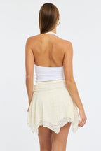 White Mini Skort Skirt Elasticated Waist Scarf Hem Lace