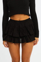Black Mini Ruffle Skort Skirt Elasticated Waist Textured