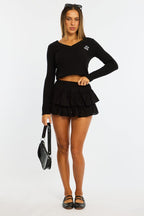 Black Mini Ruffle Skort Skirt Elasticated Waist Textured