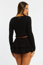 Black Mini Ruffle Skort Skirt Elasticated Waist Textured