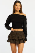 Brown Mini Ruffle Skort Skirt Elasticated Waist Textured