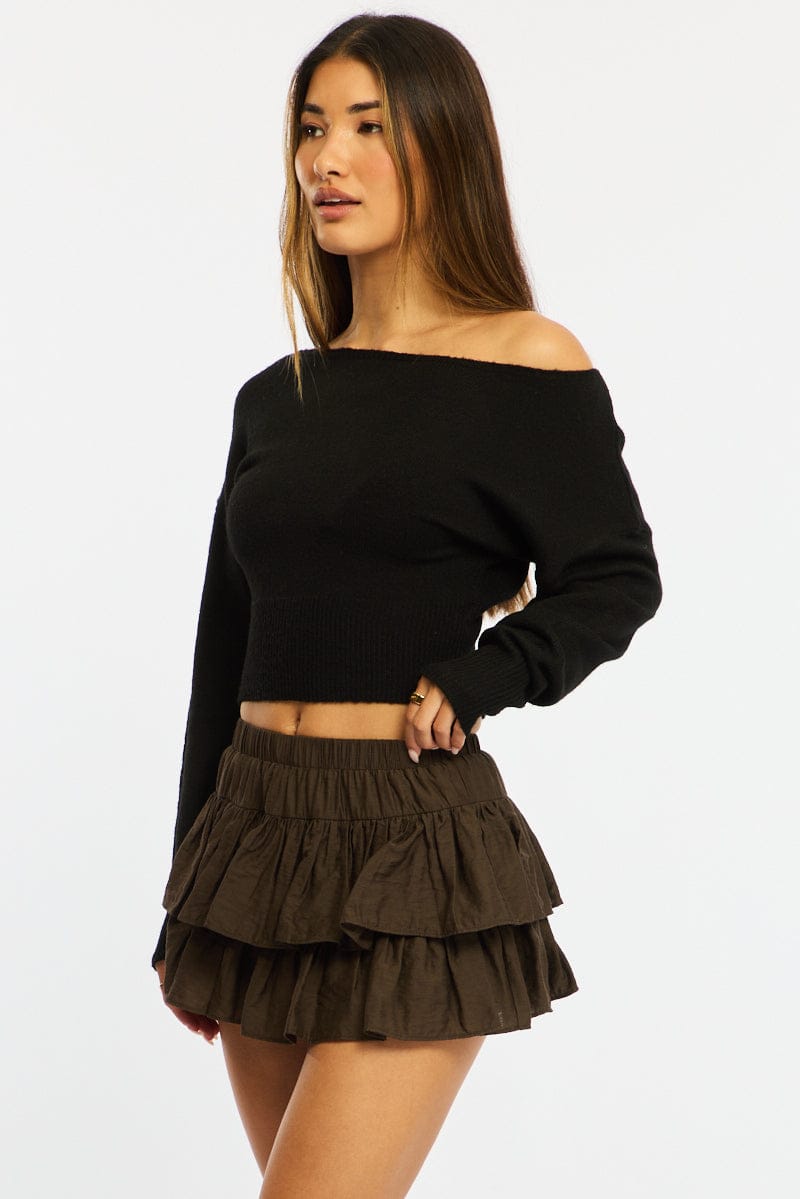 Brown Mini Ruffle Skort Skirt Elasticated Waist Textured
