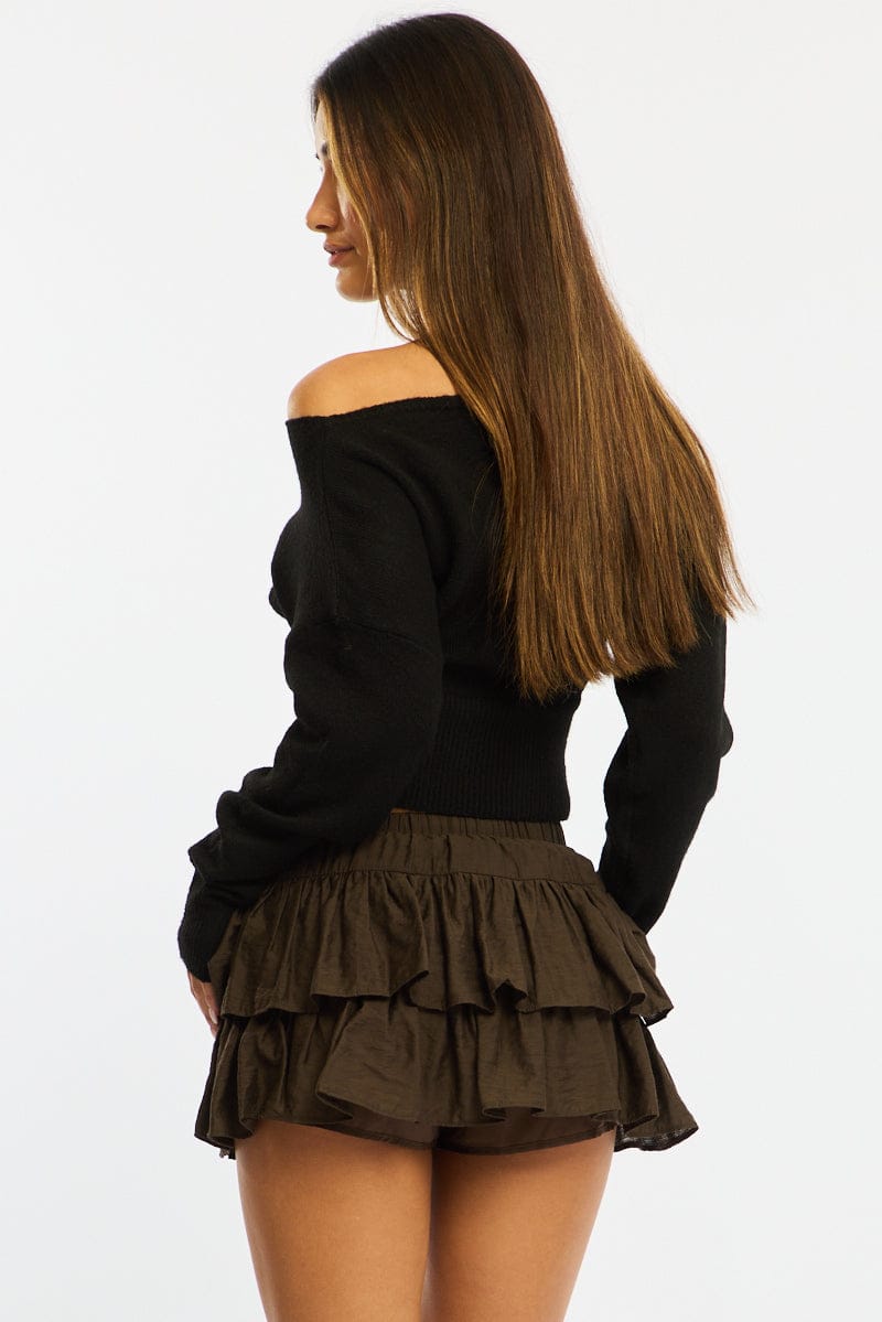 Brown Mini Ruffle Skort Skirt Elasticated Waist Textured
