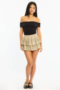 Grey Mini Ruffle Skort Skirt Elasticated Waist Textured
