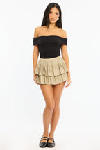 Grey Mini Ruffle Skort Skirt Elasticated Waist Textured