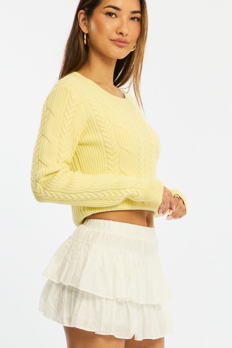 White Mini Ruffle Skort Skirt Elasticated Waist Textured