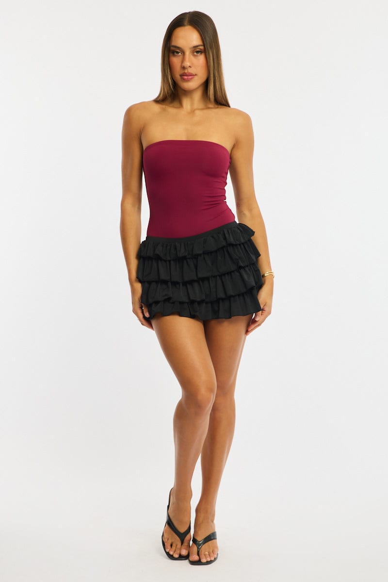 Black Bloomer Skort Skirt Elastic Waist Mid Rise Layered