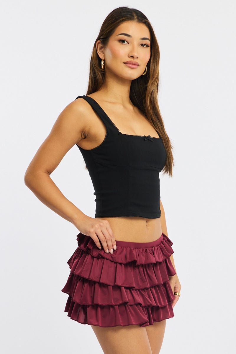 Red Bloomer Skort Skirt Elastic Waist Mid Rise Layered