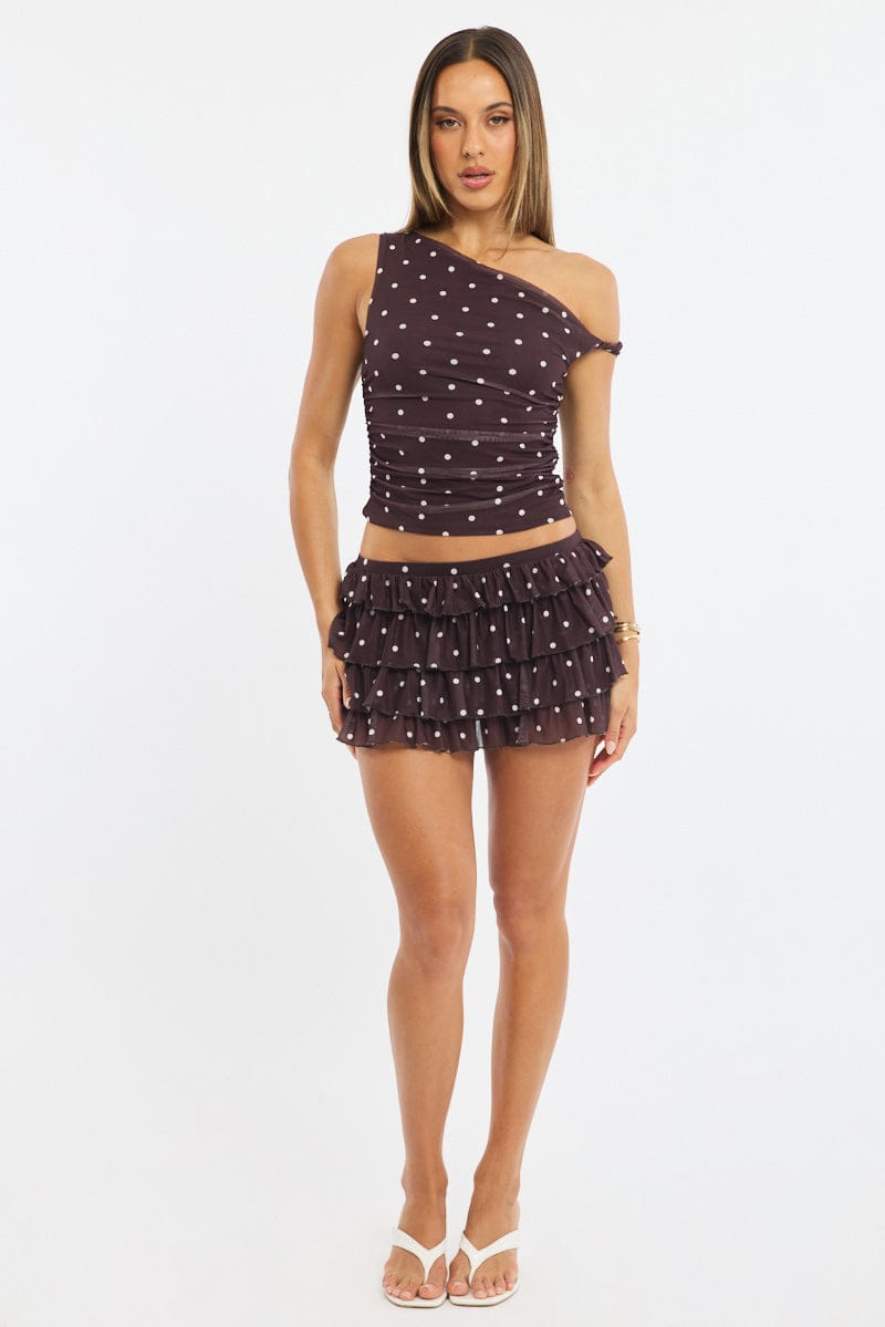 Brown Polka Dot Bloomer Skort Skirt Elastic Waist Mid Rise Layered