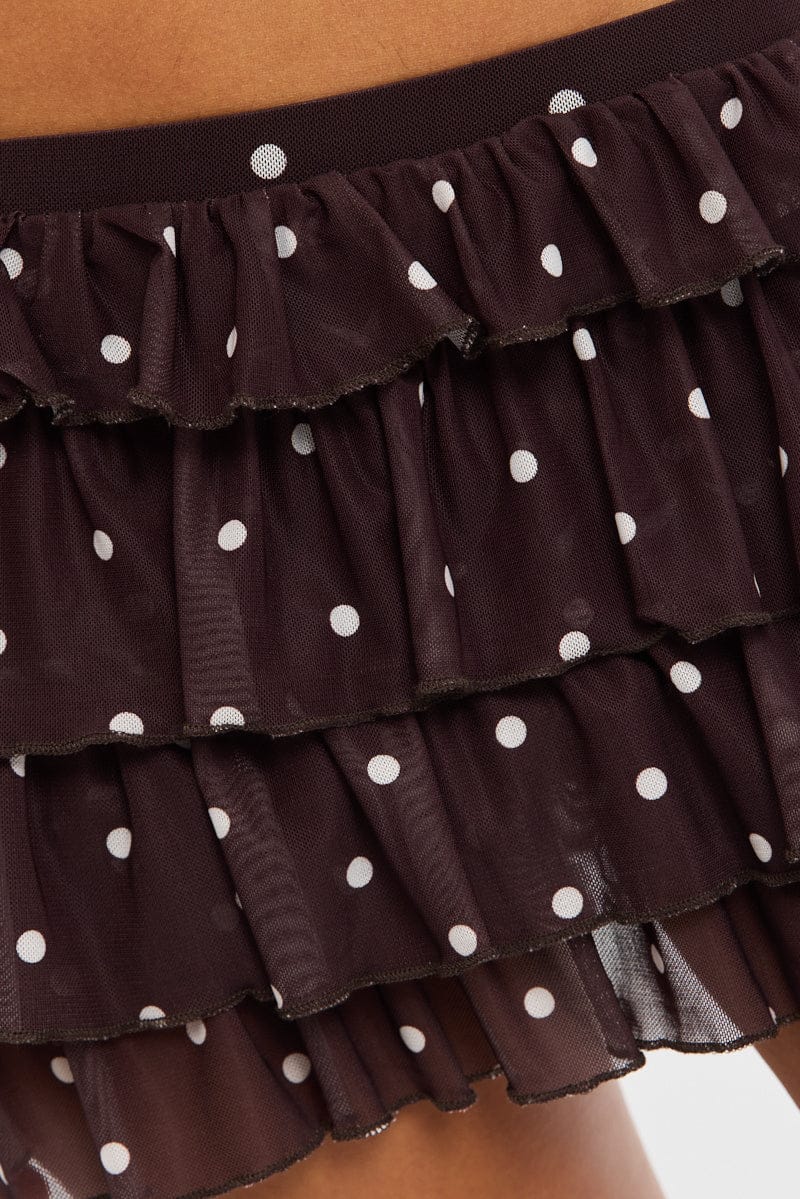 Brown Polka Dot Bloomer Skort Skirt Elastic Waist Mid Rise Layered