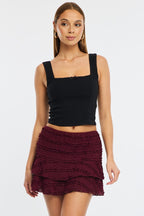 Red Mini Skort Skirt High Rise Textured Flared Layered