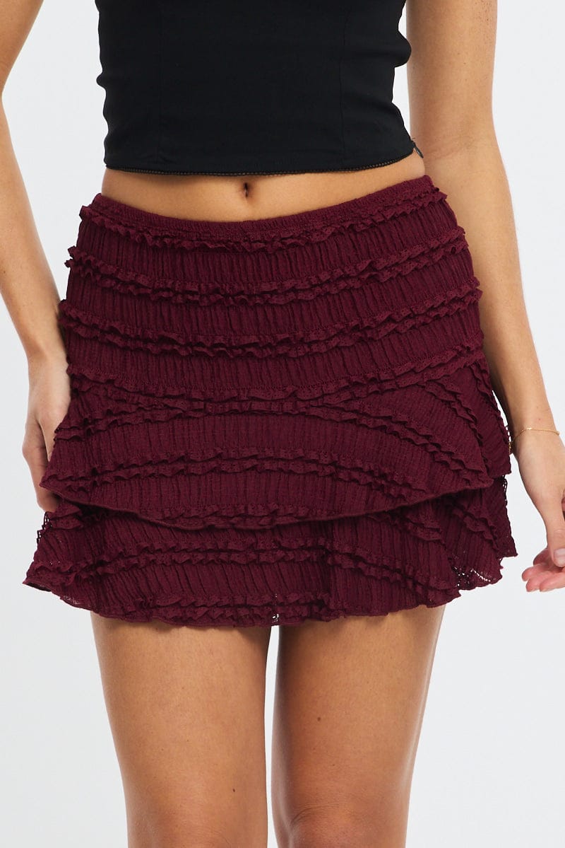Red Mini Skort Skirt High Rise Textured Flared Layered