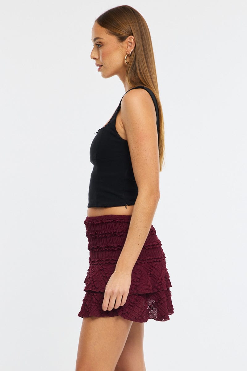 Red Mini Skort Skirt High Rise Textured Flared Layered