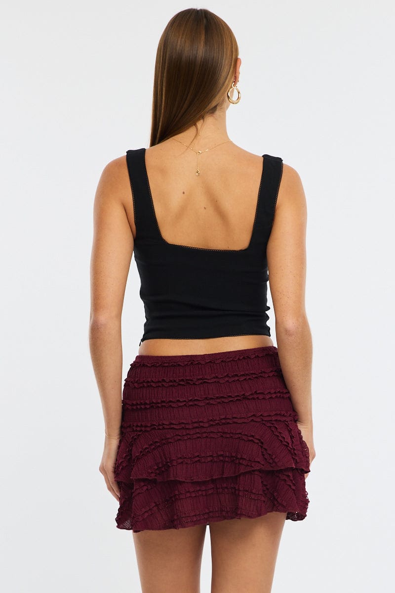 Red Mini Skort Skirt High Rise Textured Flared Layered