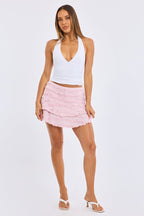 Pink Mini Skort Skirt High Rise Textured Flared Layered
