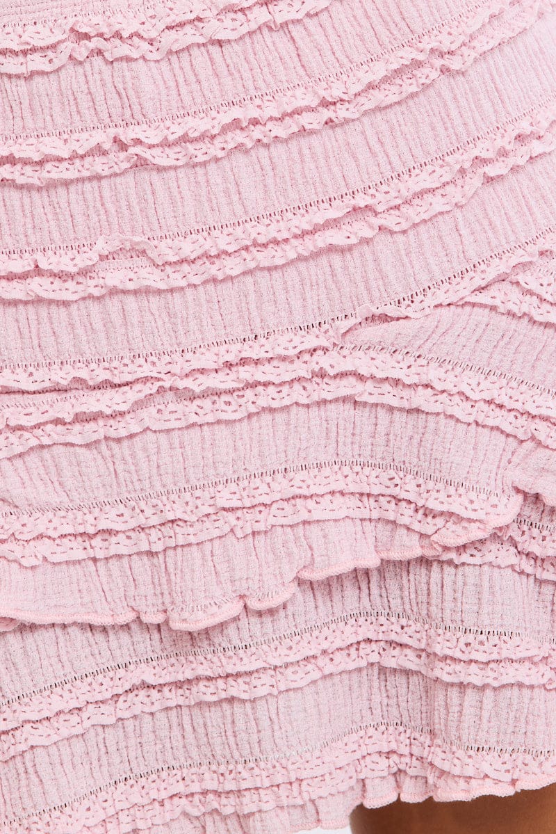 Pink Mini Skort Skirt High Rise Textured Flared Layered