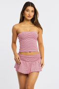 Red Stripe Ruched Waist Mini Skort Skirt Shorts Lined