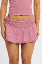 Red Stripe Ruched Waist Mini Skort Skirt Shorts Lined