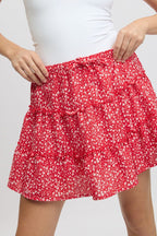 Red Ditsy Skater Skirt High Rise Tiered Mini Lined