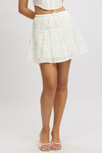 White Skater Skirt High Rise Tiered Mini Broidery Eyelet