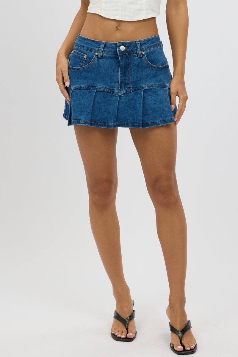 Denim Pleated Skort Mid Rise Mini Stretch Lined