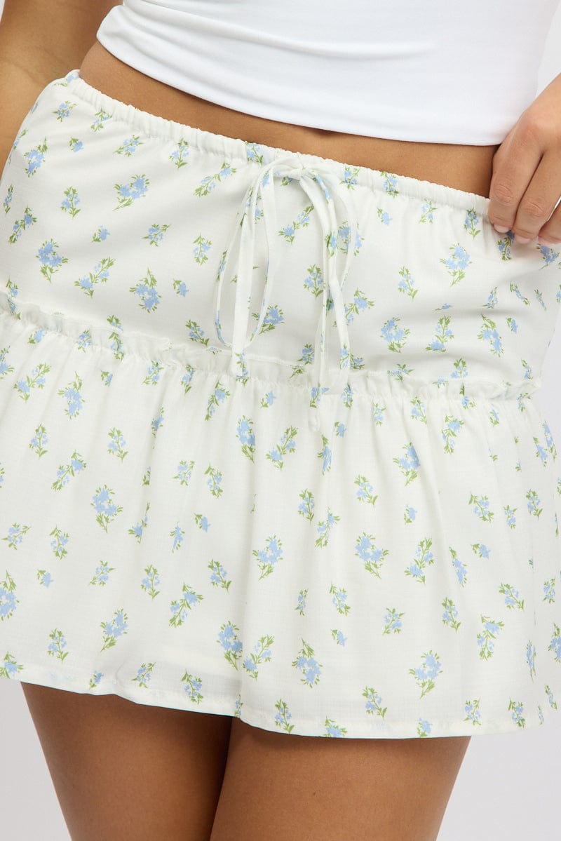 Blue Ditsy Mini Skirt Elastic Waistband Frill Detail Lined