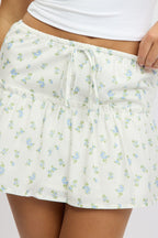 Blue Ditsy Mini Skirt Elastic Waistband Frill Detail Lined