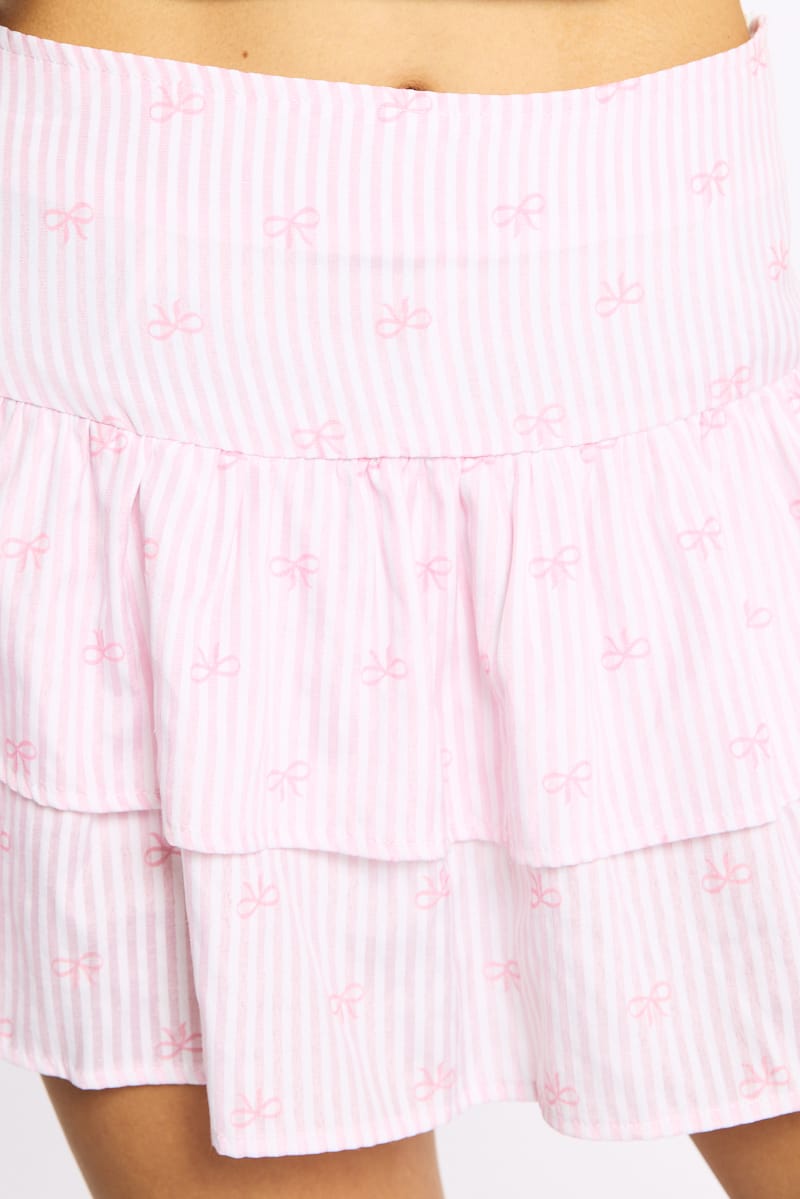 Pink Stripe Ruffle Mini Skirt High Rise Shirred Back Tiered