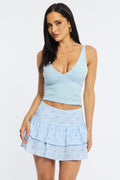 Blue Stripe Ruffle Mini Skirt High Rise Shirred Back Tiered