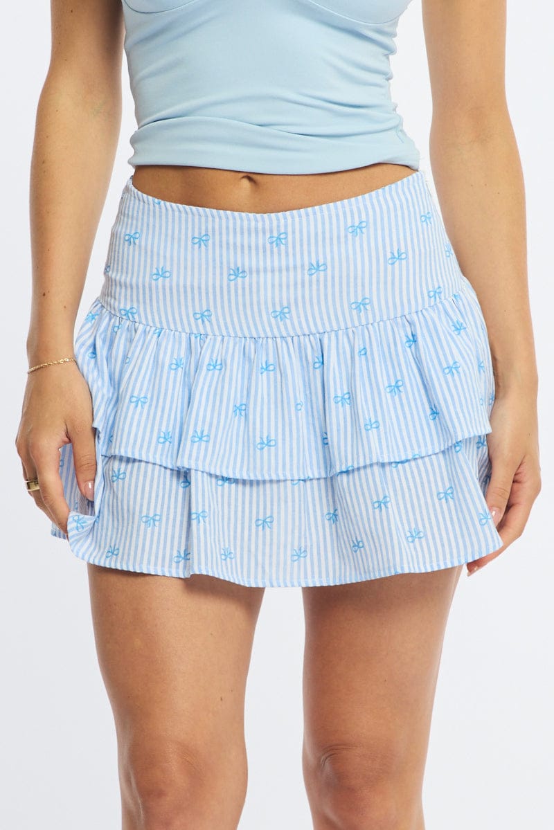 Blue Stripe Ruffle Mini Skirt High Rise Shirred Back Tiered