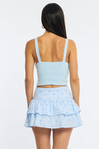 Blue Stripe Ruffle Mini Skirt High Rise Shirred Back Tiered