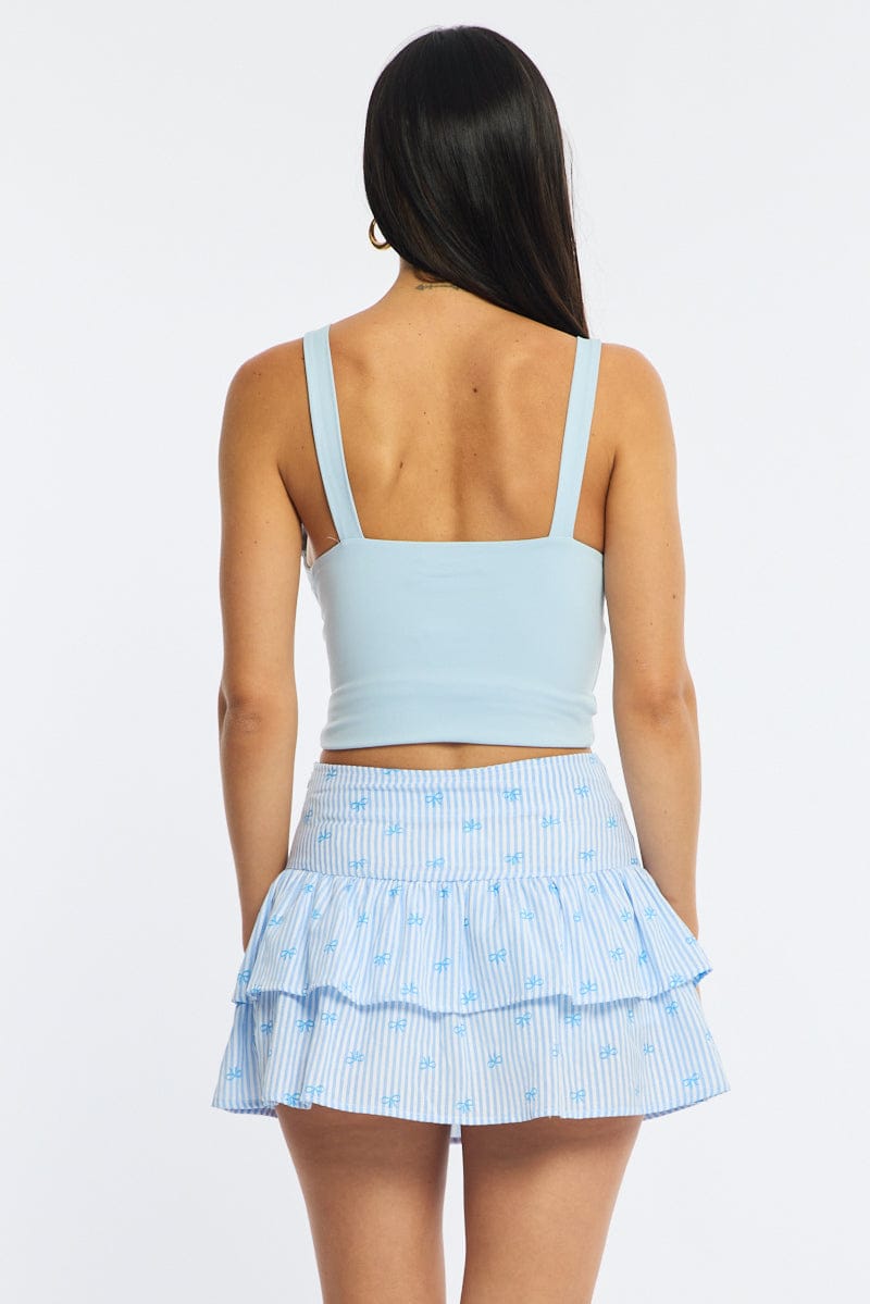 Blue Stripe Ruffle Mini Skirt High Rise Shirred Back Tiered