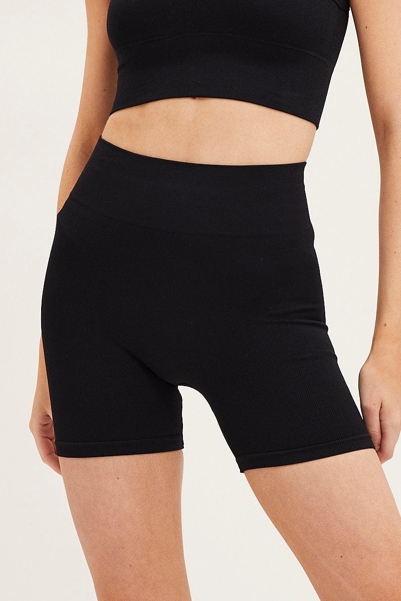 Black High Neck Rib Bind Detail Seamless Tank