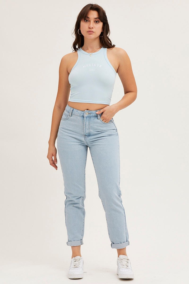 Blue Crop Tank Embroided