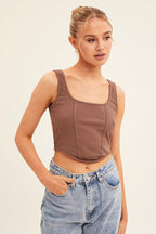 Brown Corset Crop Rib Curve Hem Tank