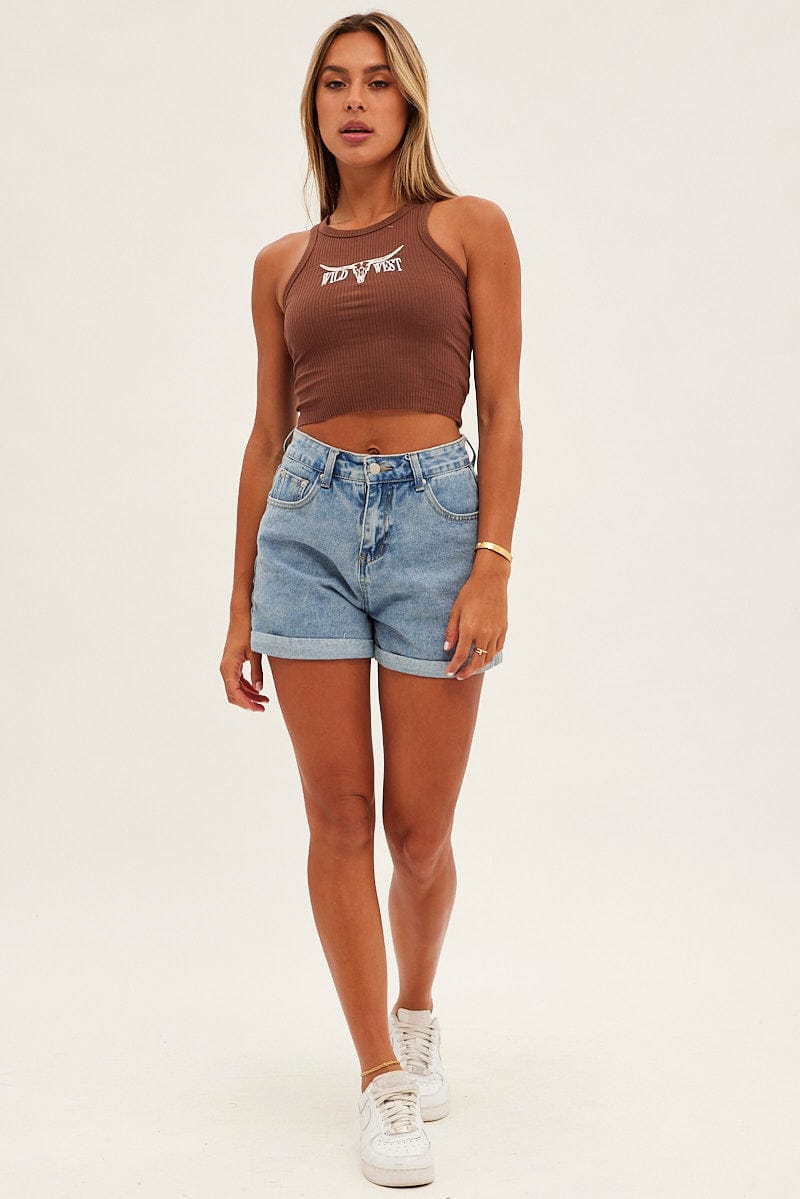 Brown Graphic Tank Embroidered Rib