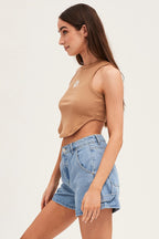 Brown Rib Jersey Embroidered Graphic Curved Hem Tank