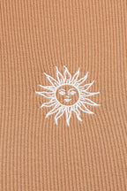 Brown Rib Jersey Embroidered Graphic Curved Hem Tank