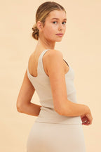 Beige Bone Seamless Tank Full Length Sleeveless Soop Neck